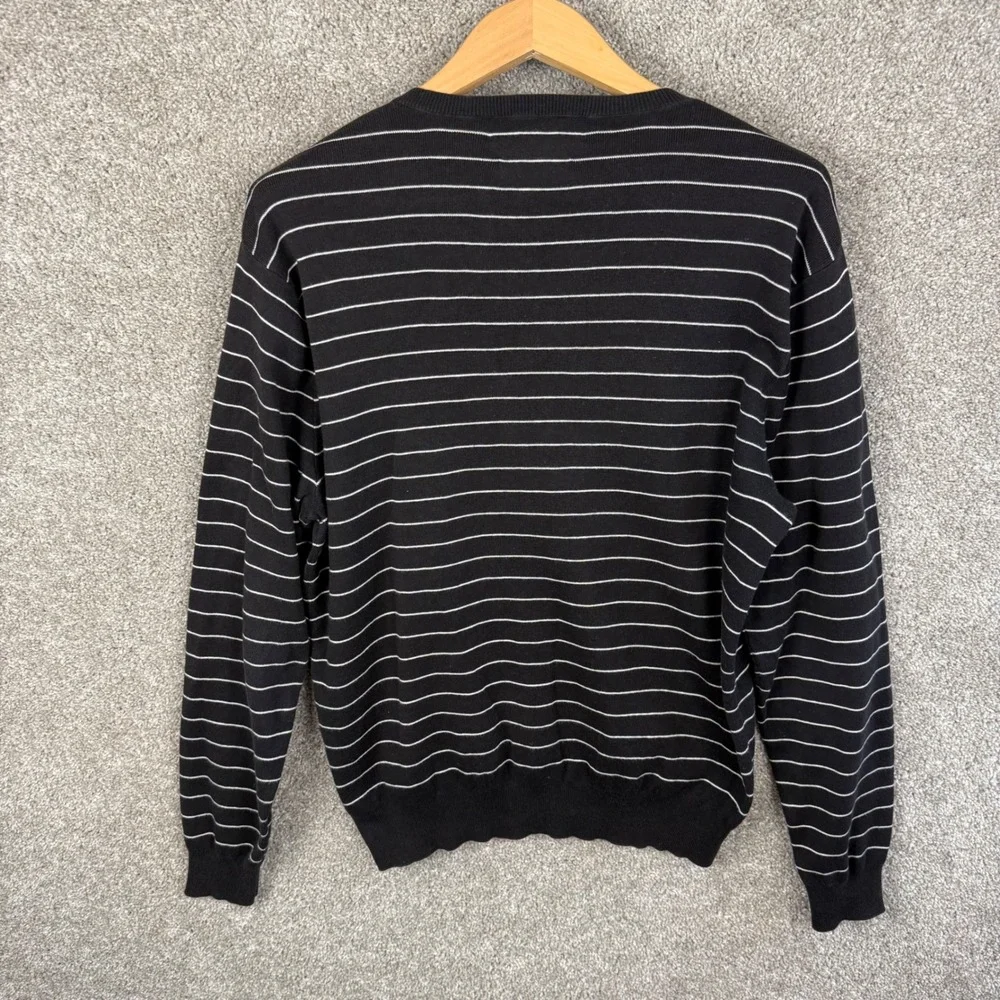 Polo Ralph Lauren Mens Large Pima‎ Cotton V-Neck Striped Sweater Black White
